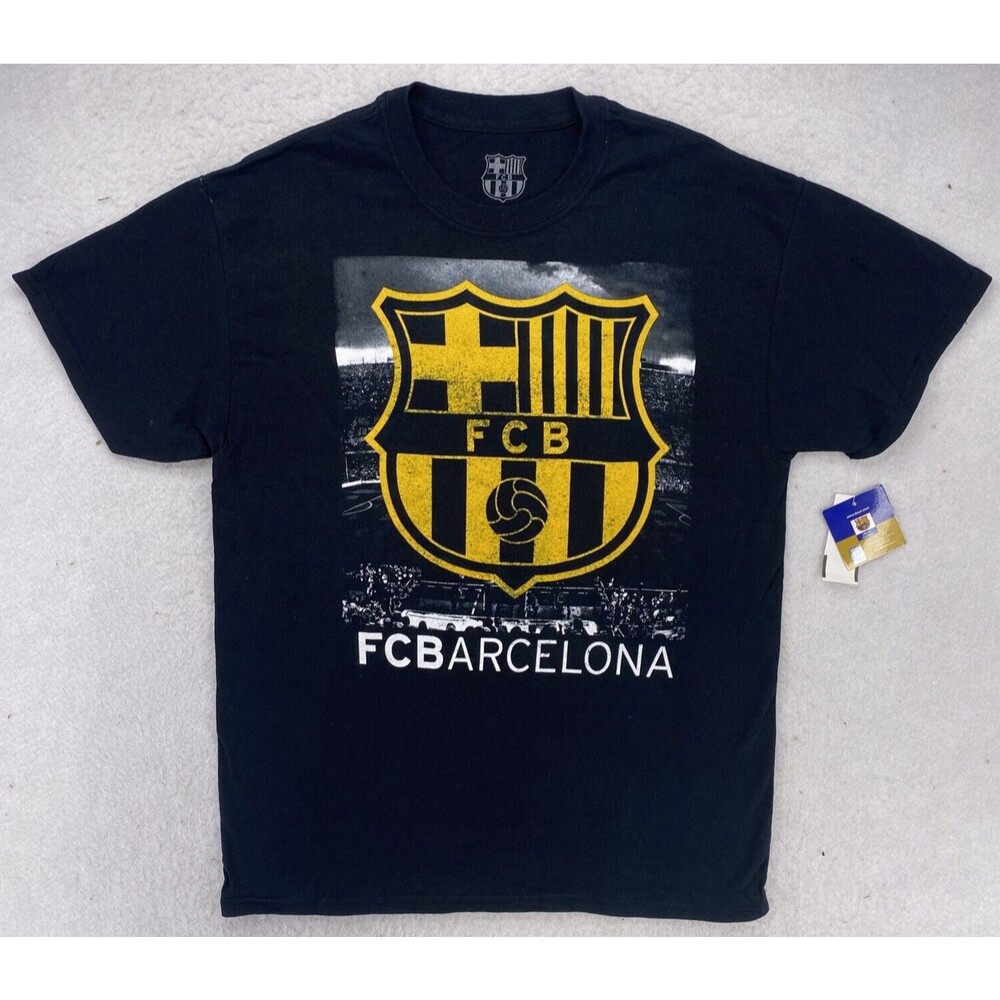 NWT FC Barcelona Shirt Mens Medium Black Yellow Crest Soccer Football Graphic T